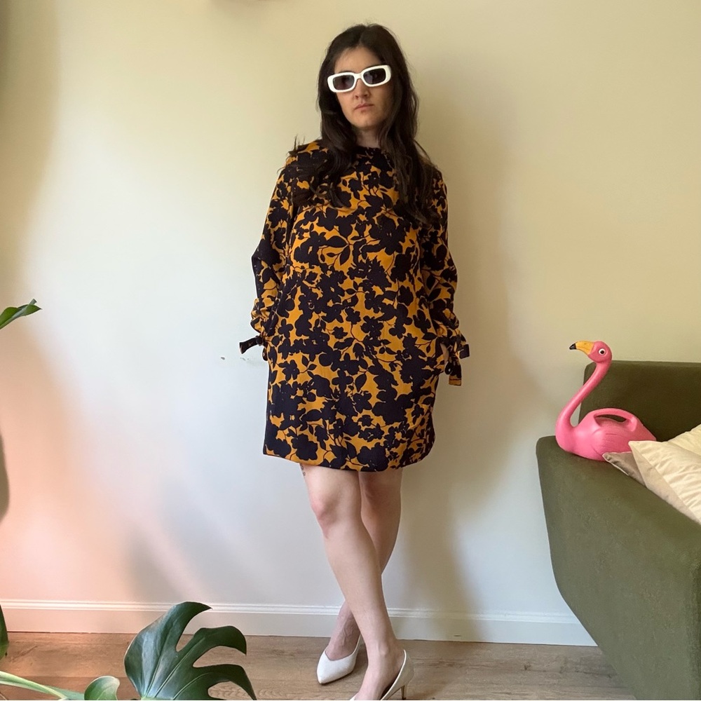 H&M Mustard Yellow & Black Long Sleeve Mini Shift Dress - POCKETS!! - L